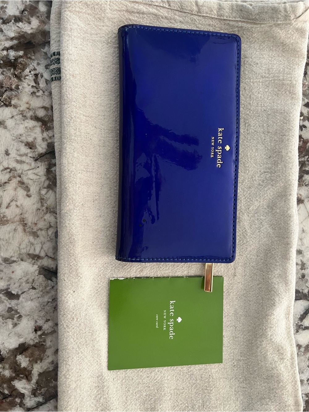 kate spade Blue Leather Tri-Fold Wallet with Gold Logo